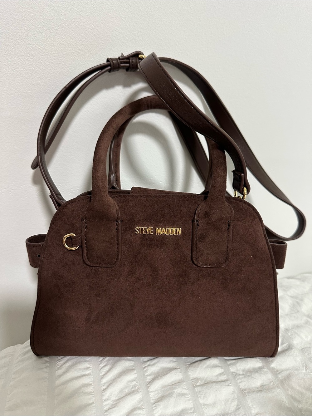 Steve Madden Dark Brown Suede Satchel with Gold Logo